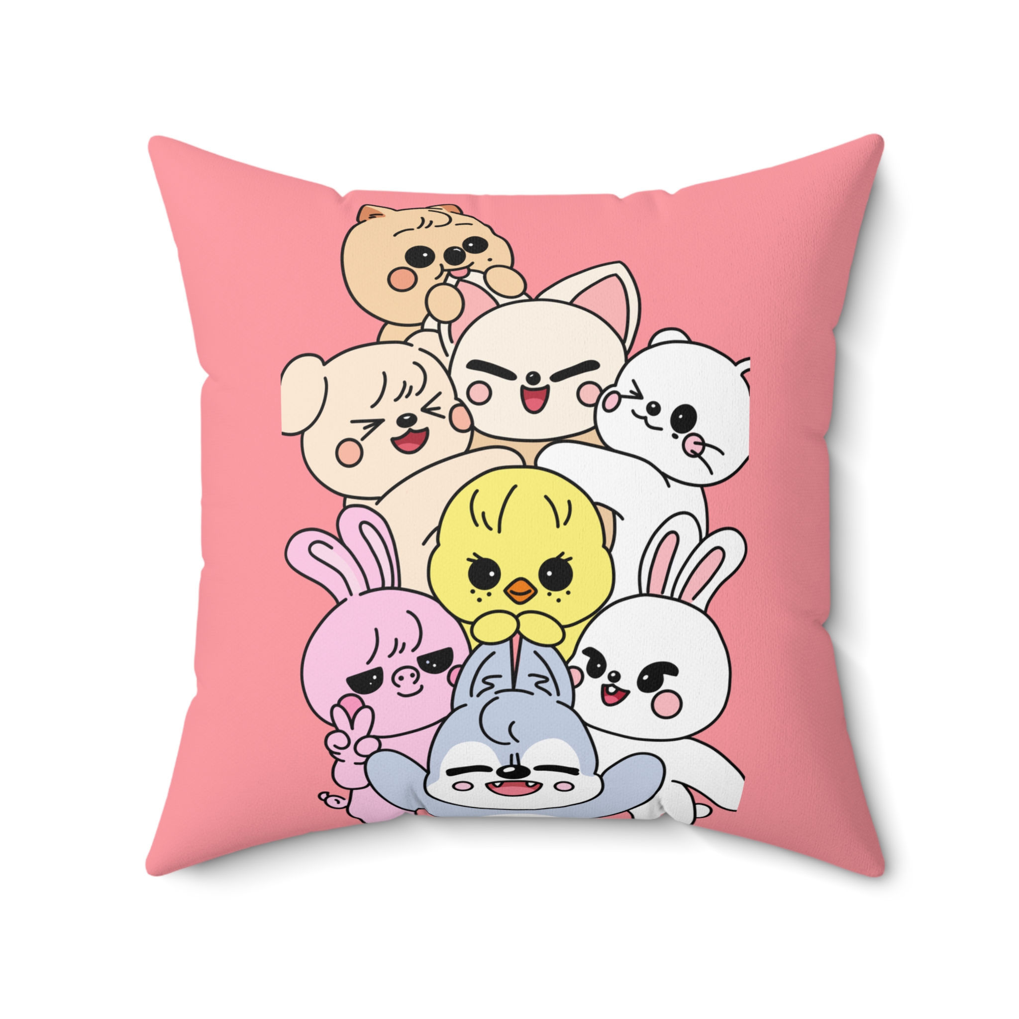Skzoo Kawaii Stacked Animal Faces Pillow | Pink Cute Cartoon Plush Square Pillow