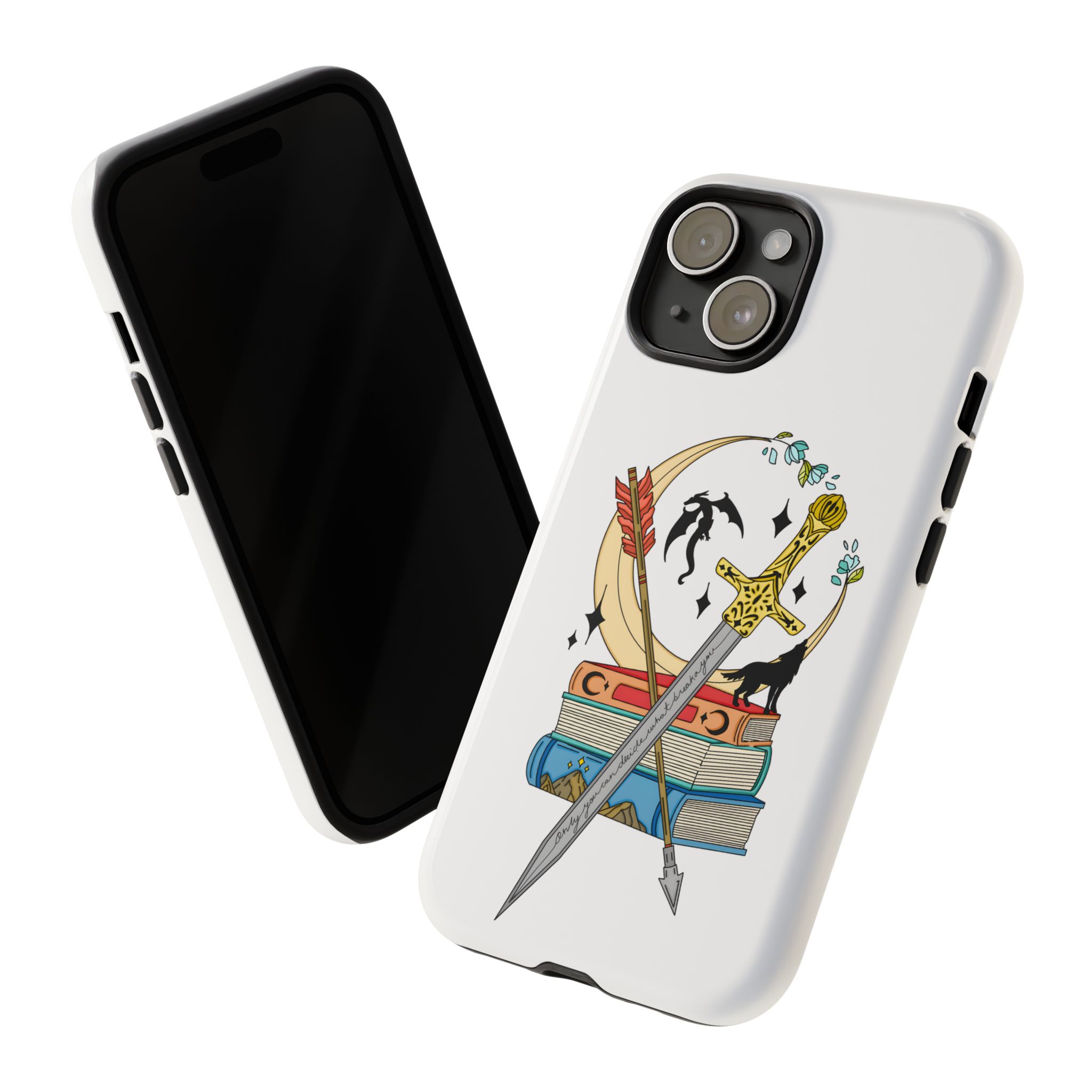 Maasverse Inspired Sword and Arrow Over Books phone case | Fantasy bookish illustration