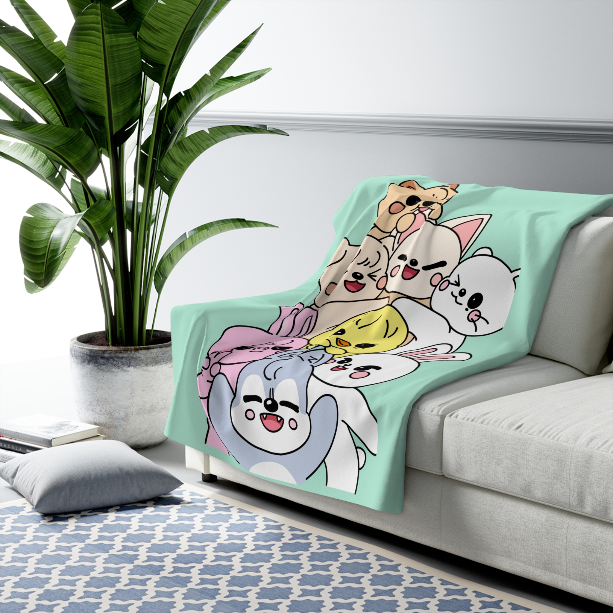 Skzoo Stacked Kawaii Animal Pile Sherpa Blanket | Cute Cartoon Pets - Imagen 3