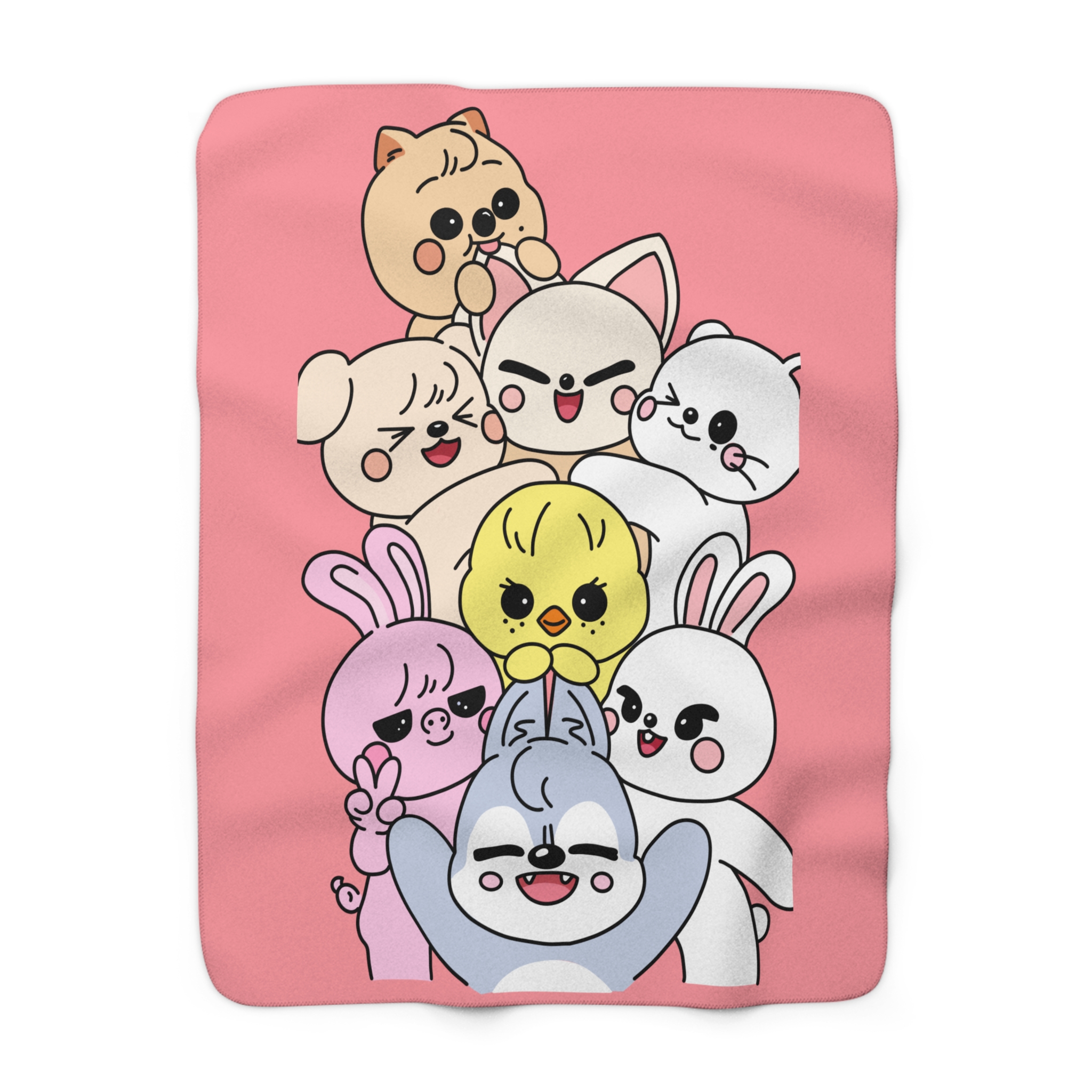 Skzoo Stacked Cute Animal Characters Sherpa Fleece Blanket | Pink Cartoon Plush