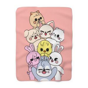 Skzoo Cute Cartoon Animal Stack Sherpa Blanket | Pink Plush Fleece Throw