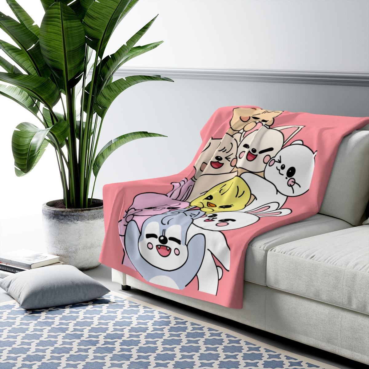 Skzoo Stacked Cute Animal Characters Sherpa Fleece Blanket | Pink Cartoon Plush - Imagen 3