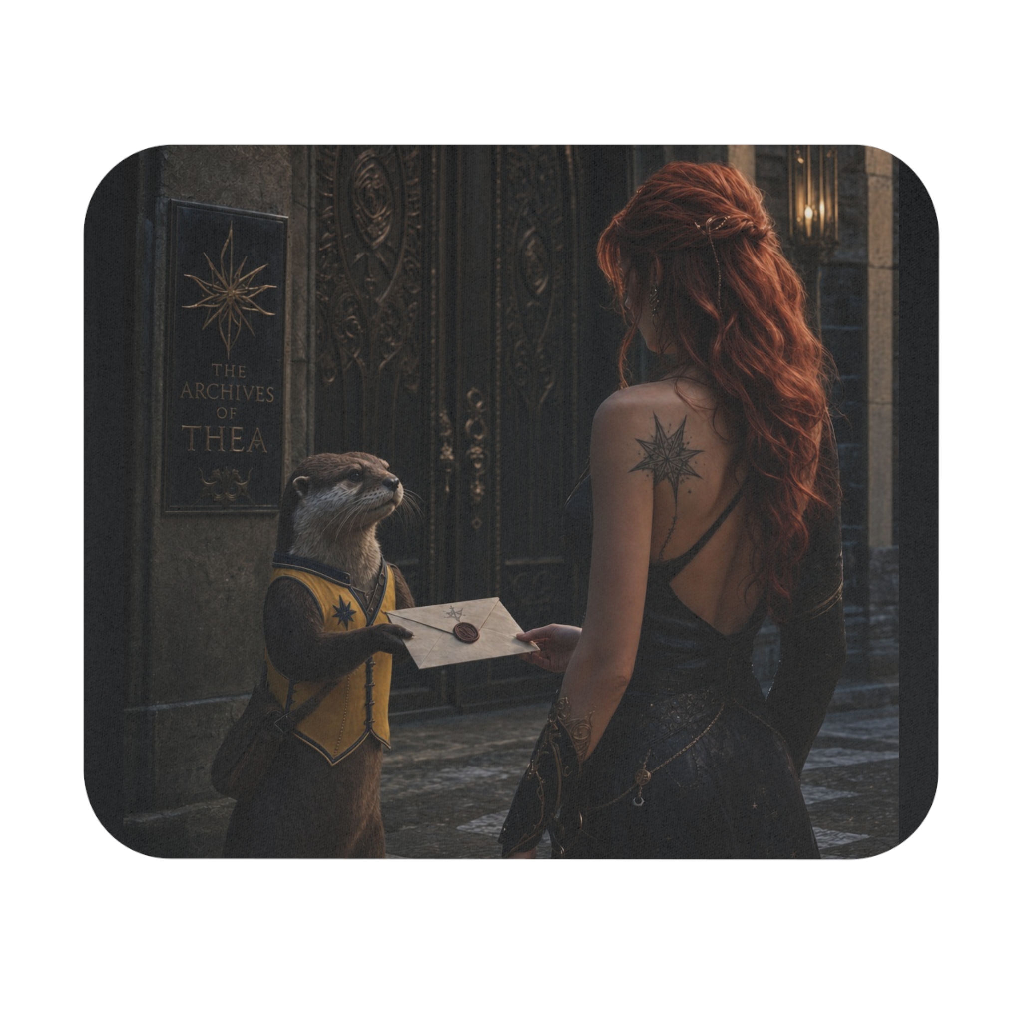 Creacent City Maasverse Inspired Mouse Pad | Fantasy Redhead Woman, Magical Letter