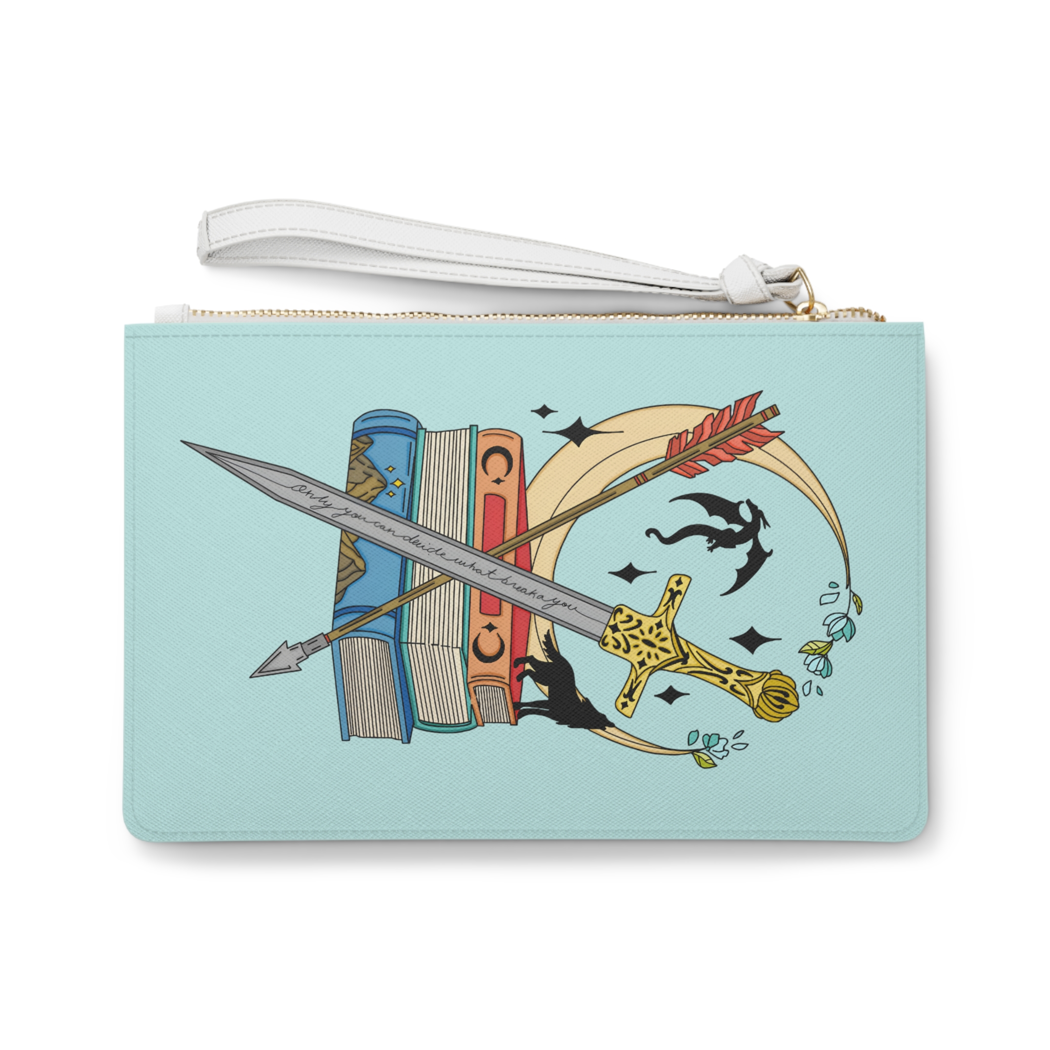Stacked Fantasy Books clutch bag | Sword and Moon bookish illustration
