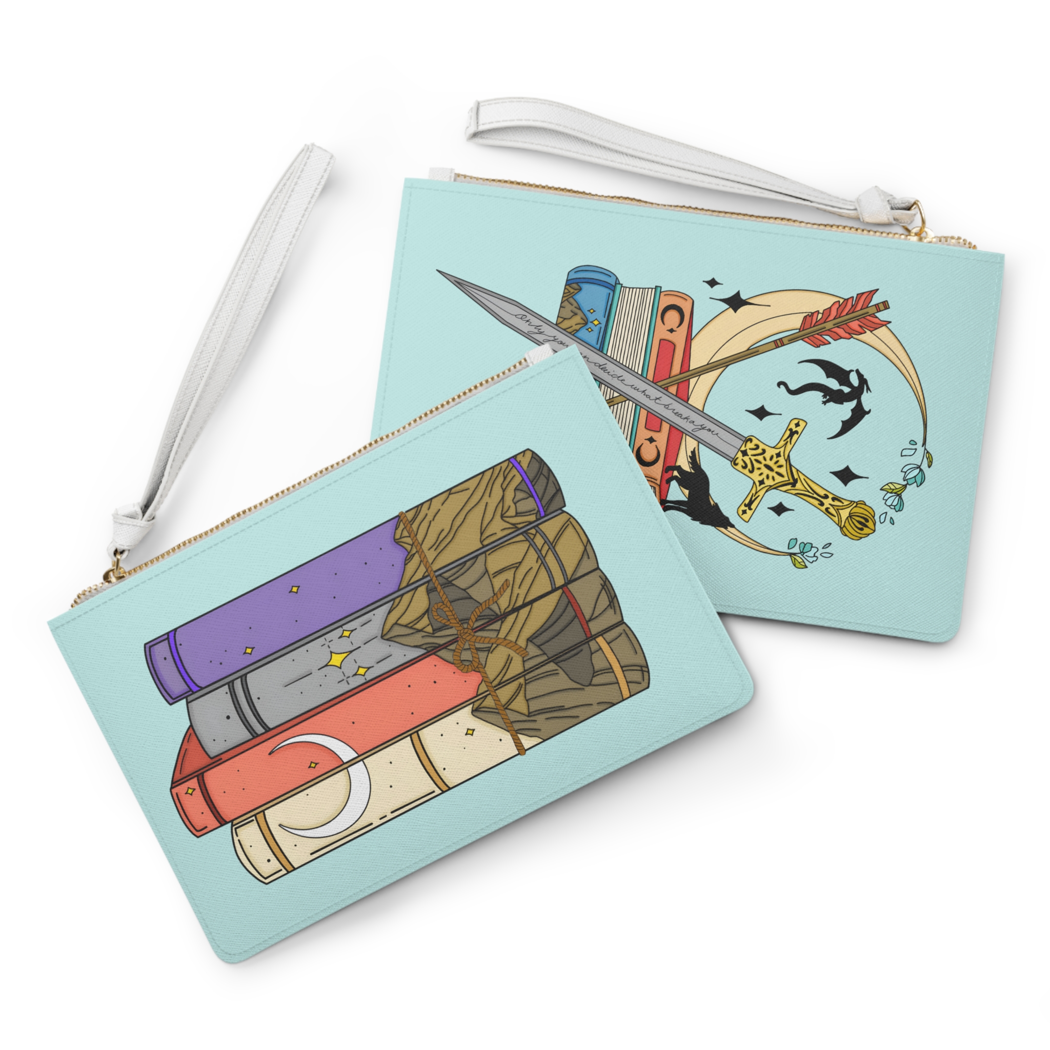 Stacked Fantasy Books clutch bag | Sword and Moon bookish illustration - Imagen 3