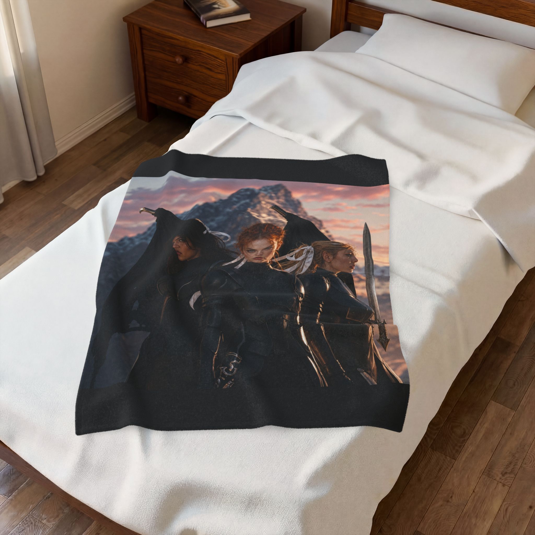 Fantasy Warrior Valkirian Acotar Inspired Velveteen Plush Blanket | Mountain Sunset Armor - Imagen 3