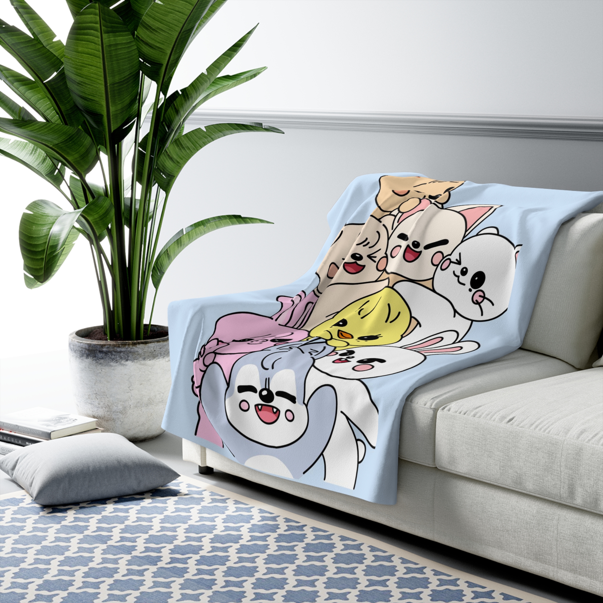Skzoo Stacked Cute Animal Characters Sherpa Fleece Blanket | Pastel Cartoon Pets - Imagen 3