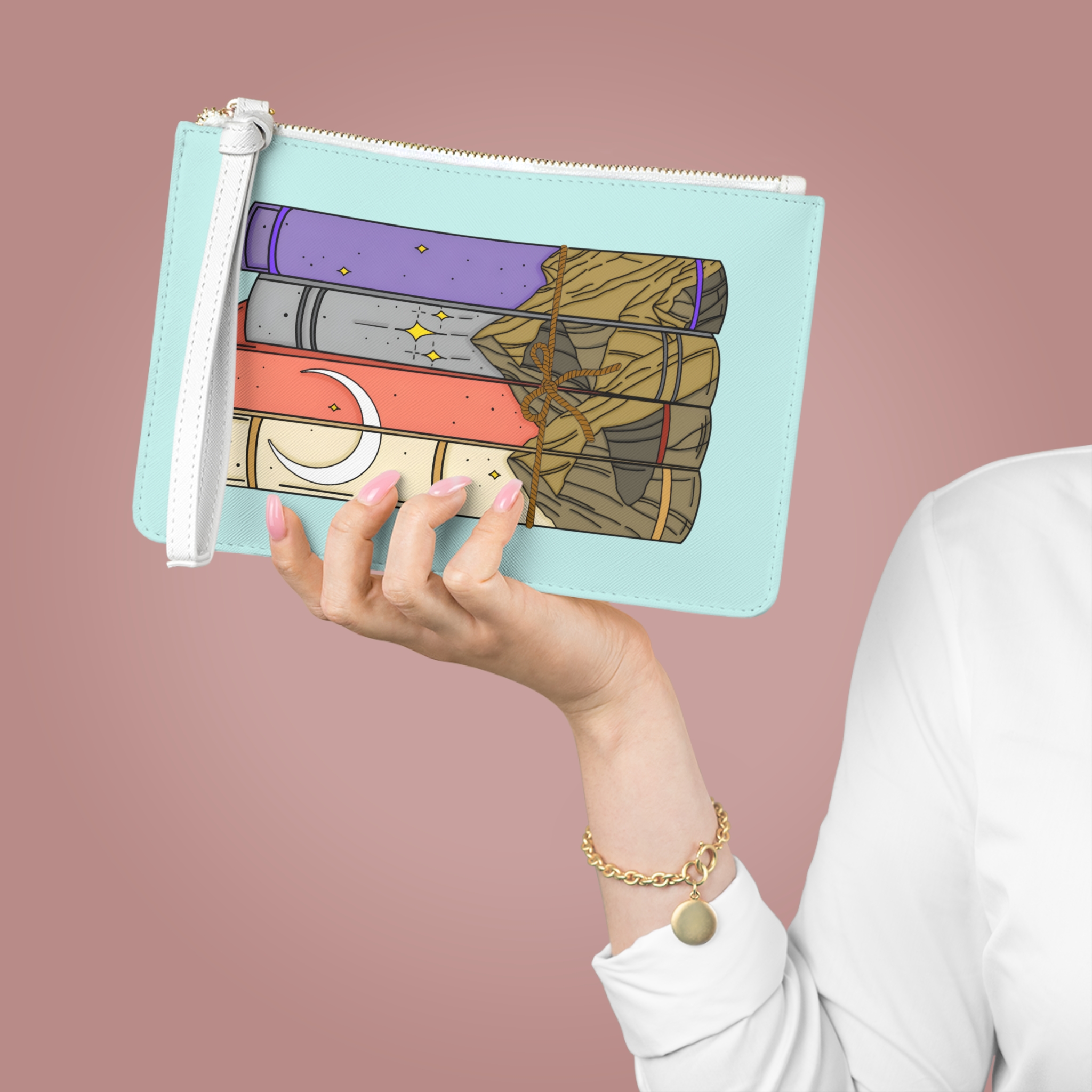 Stacked Fantasy Books clutch bag | Sword and Moon bookish illustration - Imagen 2