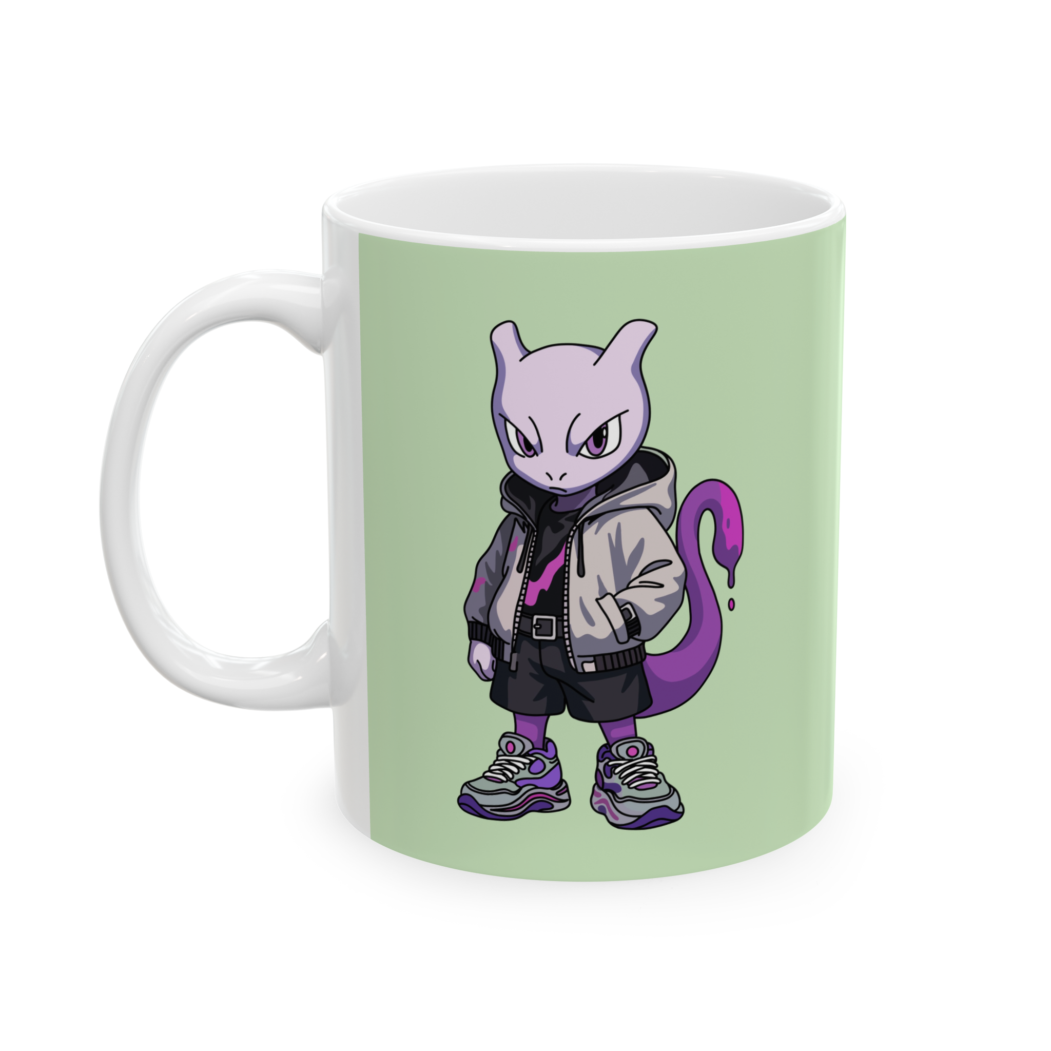 Cute Purple Panda Illustration Mug | Pastel Green Background, Ceramic Coffee Cup